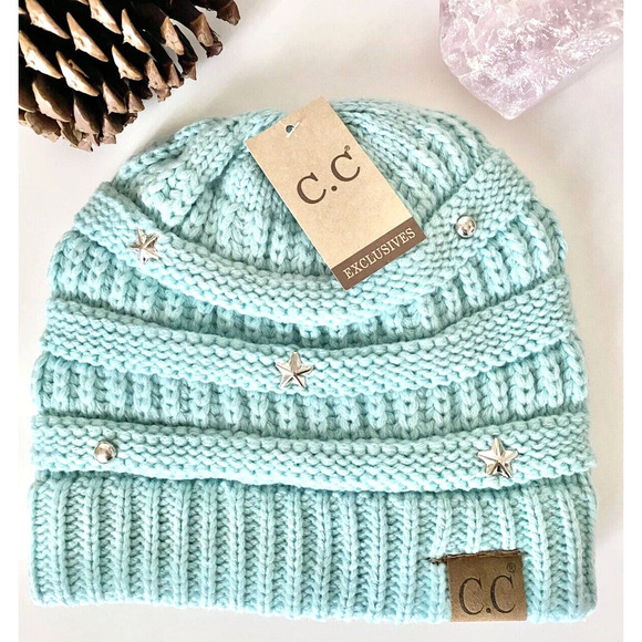 New Adult Size CC Winter Mint Green Preppy Cable Knit Hat Beanie w/ Stars & Dots - Picture 1 of 6